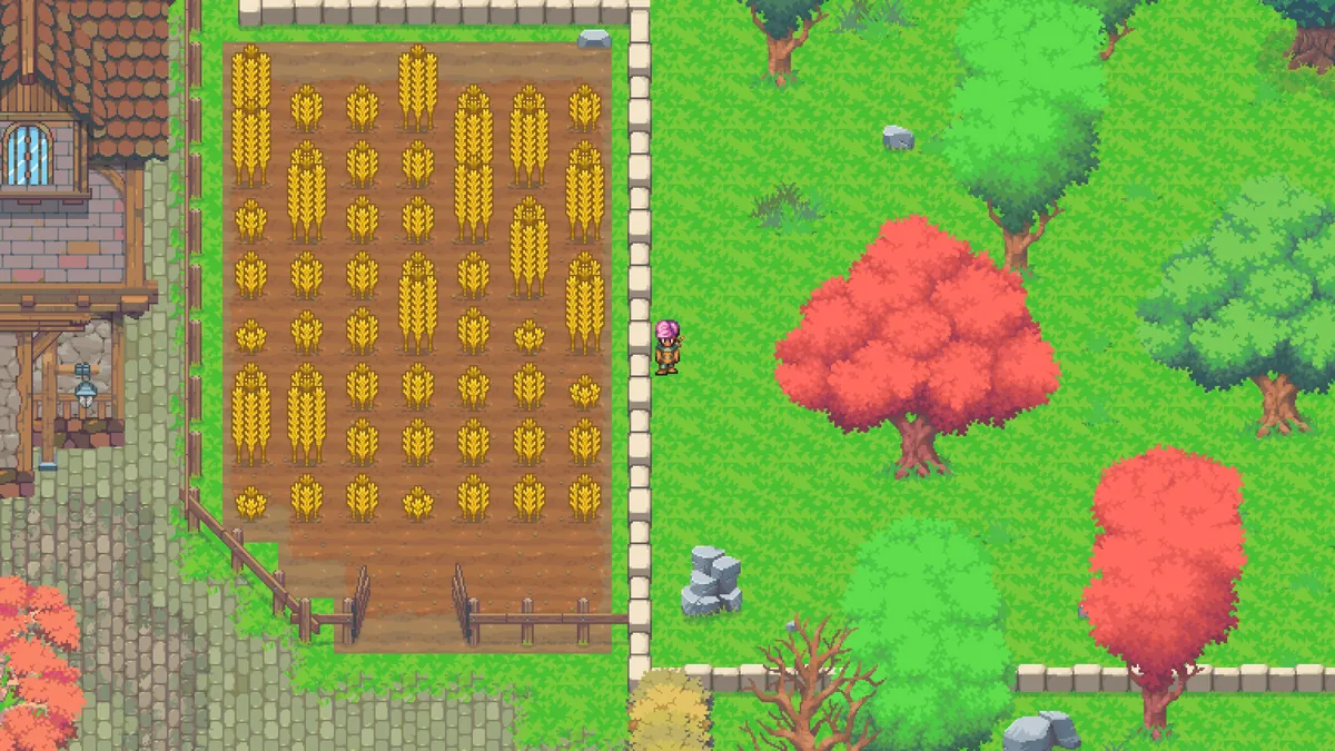 A character at the edge of a wheat field, beside a stone wall and a farmhouse, with autumn trees beyond.