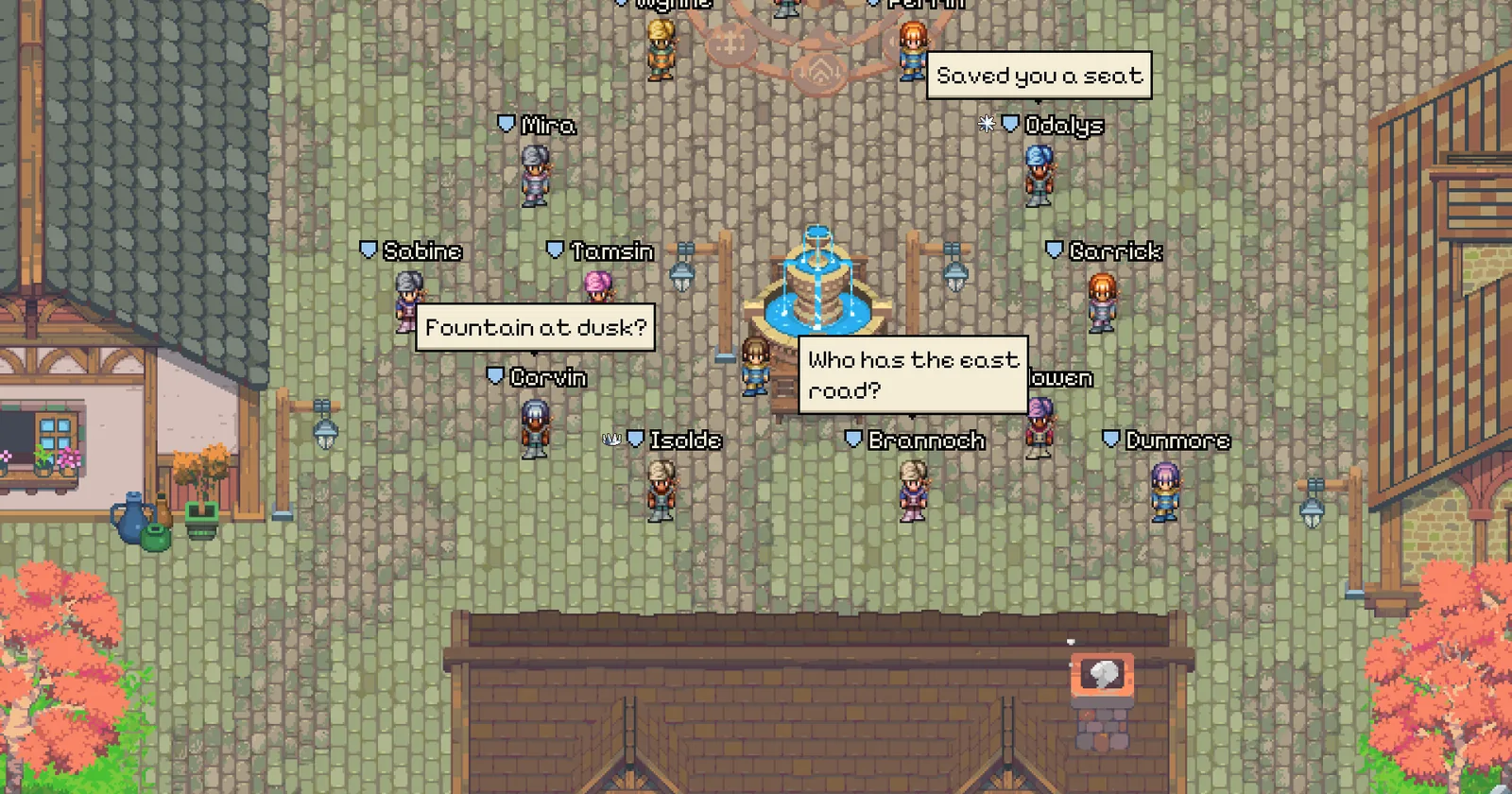 A village square in daylight: a dozen players around a fountain, their names and staff badges over their heads and three of them talking in speech bubbles.