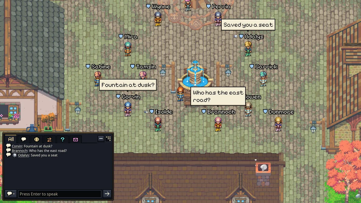 A dozen players gathered around a fountain, three speech bubbles overhead and the chat panel showing what they said.